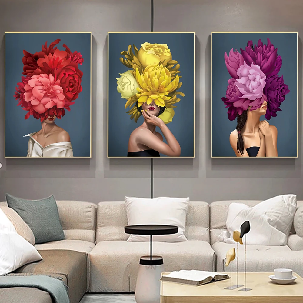 

Flowers and People Abstract Nordic Painting Purple Yellow Red Beautiful Girl Prints Printed On Canvas Pictures for Living Room