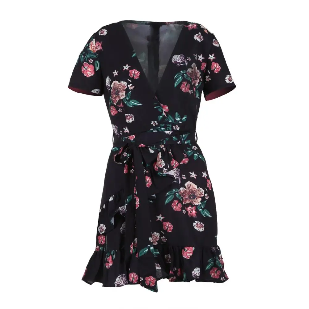 Бежевый Womens V-Neck Boho Floral Chiffon Summer Wrap Bandge Party Evening Beach Short Mini Dresses Sundress - Цвет: Бежевый