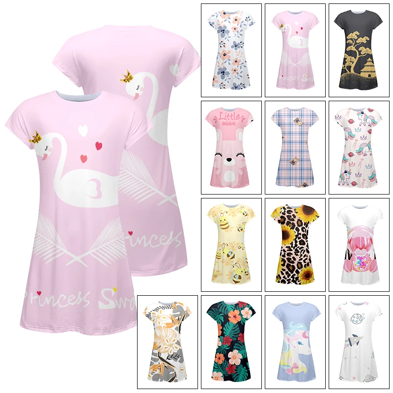 

New Design Summer Girl 3D Printing Dress Round Neck Multicolor Cute Kids Clothes Healthy Breathable Fabric