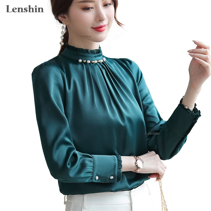 Сатиновая рубашка Lenshin с круглым вырезом и длинным рукавом Высококачественная