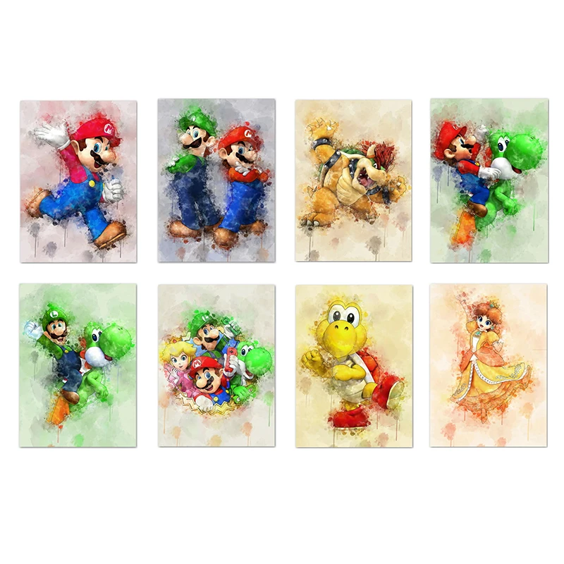 

HD Super Mario Smash Bros Video Game Watercolor Poster Canvas Painting High Quality Kindergarten Children Room Home Decor