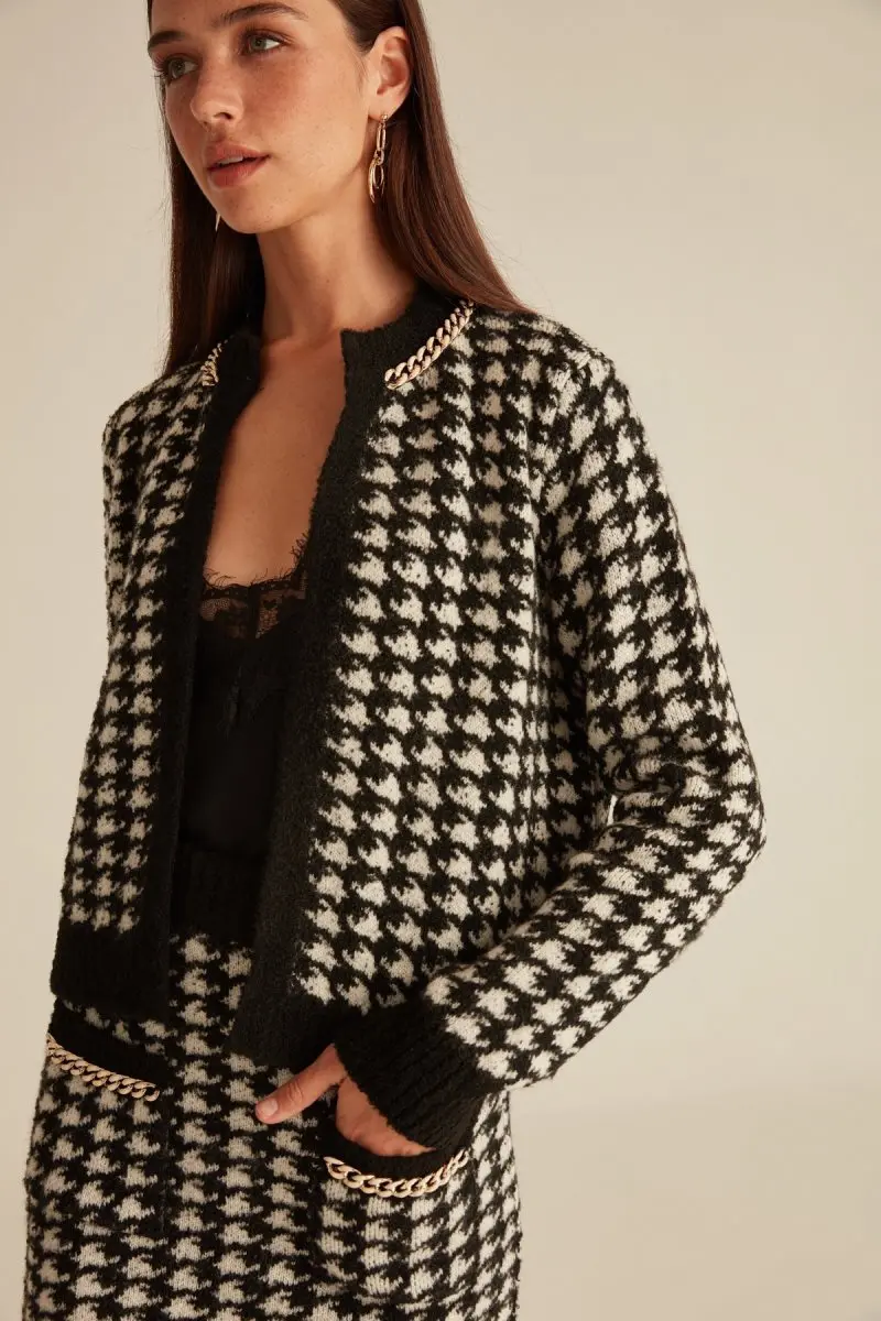 Joinus Houndstooth Pattern Knitted Jacket With Chain Detail Woman Cardigan Black