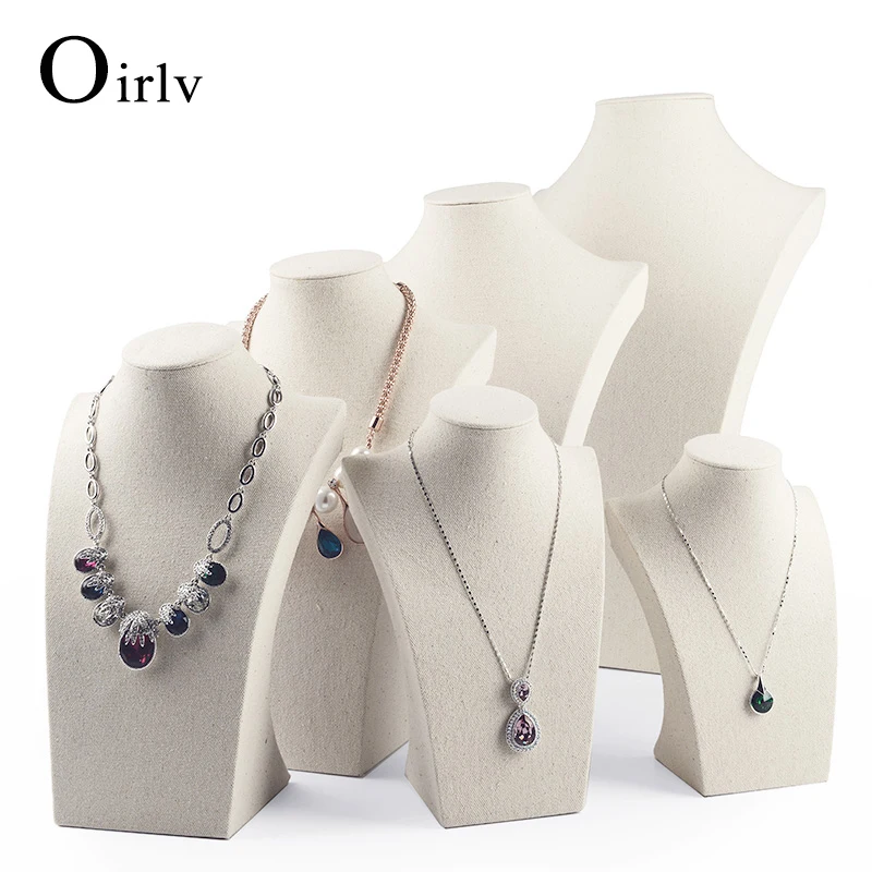 Oirlv Beige Linen Necklace Mannequin Necklace Display Bust Jewelry Display Stand Holder Shelf Showcase for Shop Cabinet