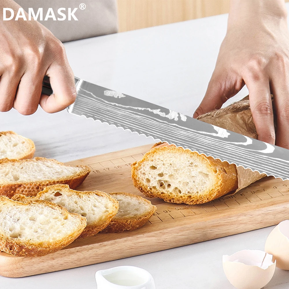 DAMASK нож из нержавеющей стали 8-дюймовый для хлеба цветная деревянная ручка