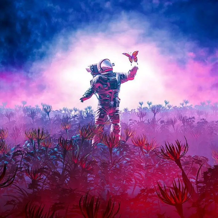 

Curtain Astronaut and Butterfly in Alien Landscape Sunrise Flowers Foggy Morning View Illustration Pink Blue