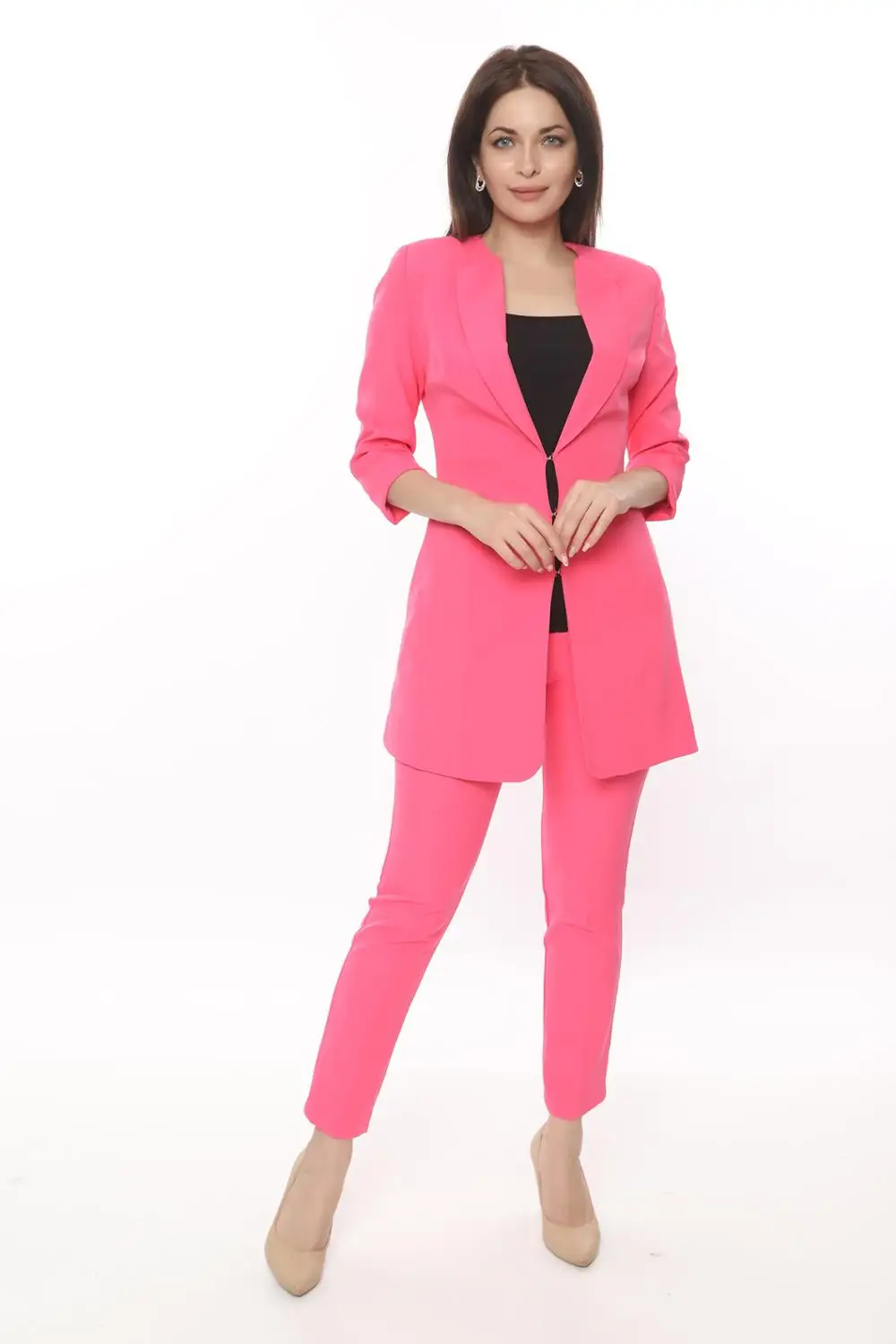

Women suit Blazer Jacket Pants fuchsia Combined Office 2020 Spring Summer Jacket dress and Trousers Street Fit Mold Lycra Pants