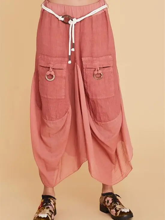 Linen Fabric Baggy Corded Belt Accessory Pockets Long Shalwar Skirt 2022 Authentic Women Fashion Models Bohemian Style Clothing