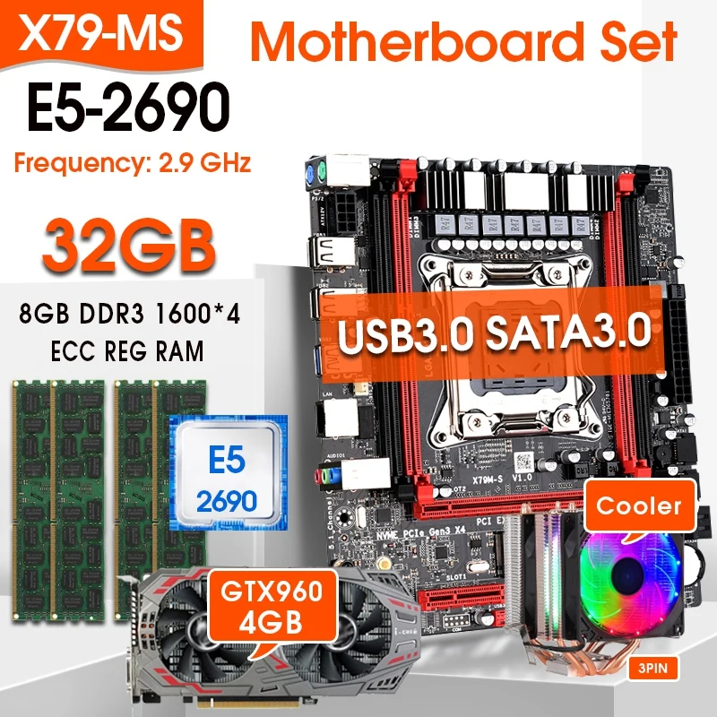 

Комплект материнской платы X79 E5 2690 CPU 4x8 ГБ = 32 Гб 1600 МГц DDR3 ECC REC SATA3.0 USB3.0 GTX960 4 Гб GPU и комплект охладителя