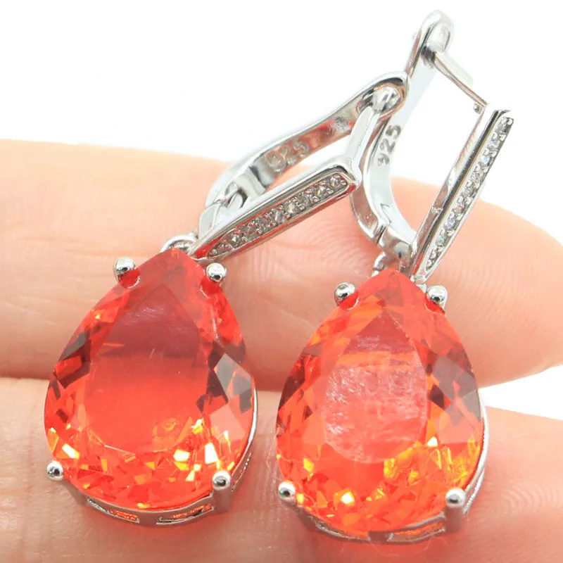 34x13mm Lovely Cute 7.6g Orange Spessartine Garnet Golden Citrine White CZ Woman Wedding Silver Dangle Earrings