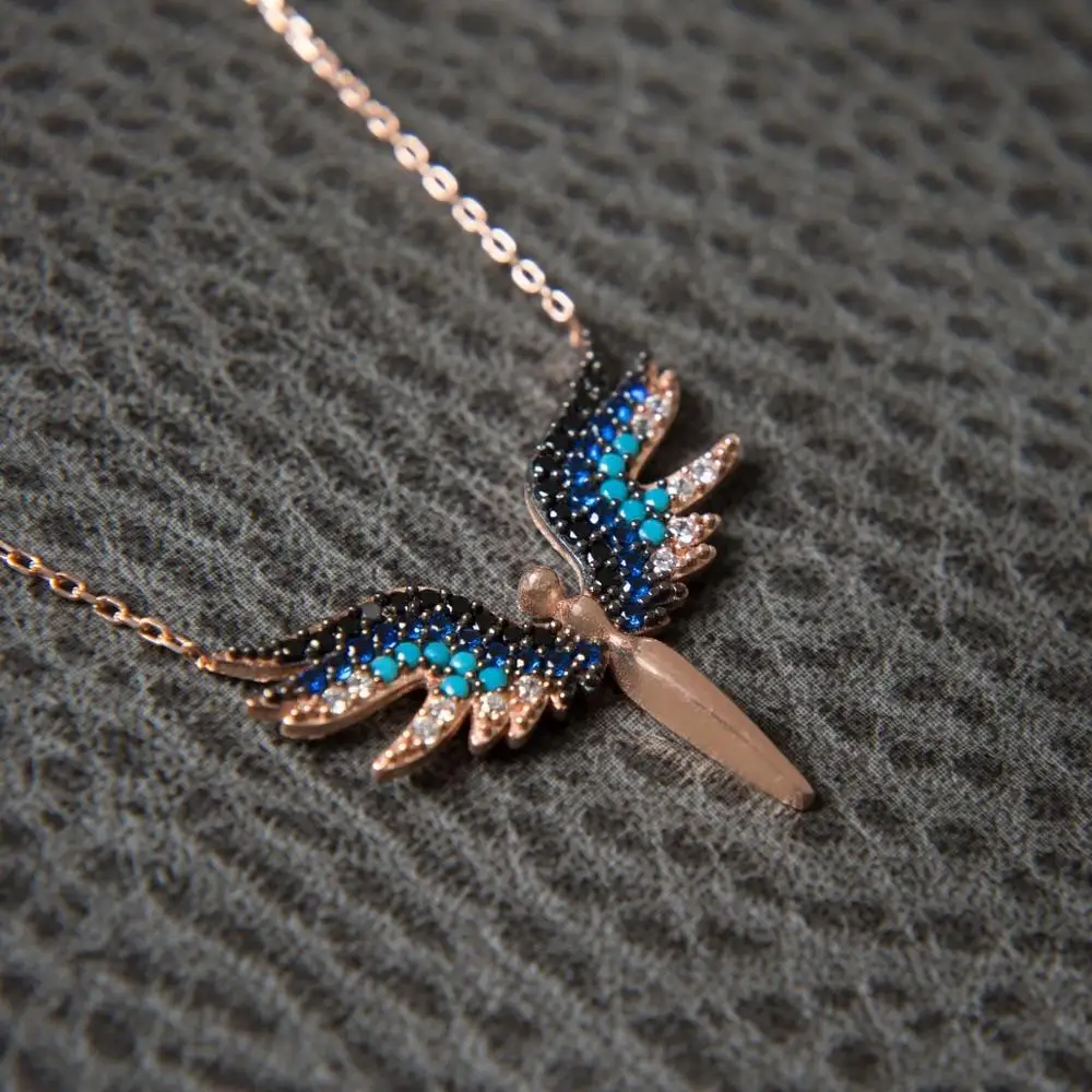 Женское Ожерелье из стерлингового серебра 925 пробы с цирконием ангела Mikail синее