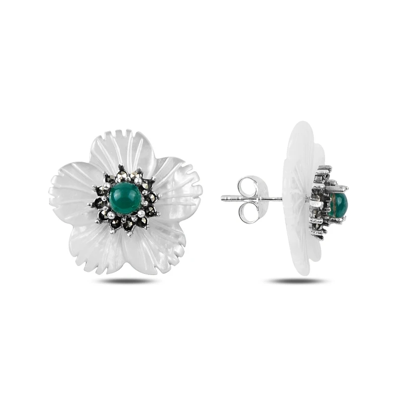 

Silver 925 Sterling Pearl & Marcasite Cubic Zirconia Flower Earrings