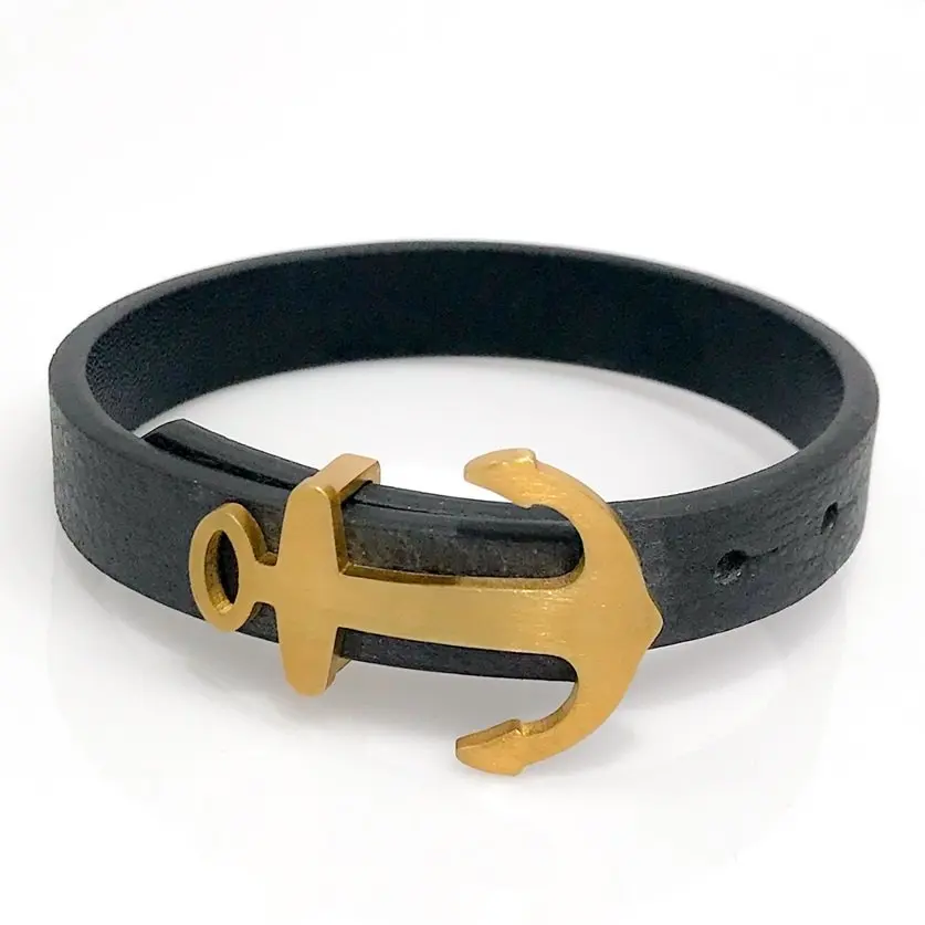 

Black Leather Genuine Steel Anchor Male Bracelet