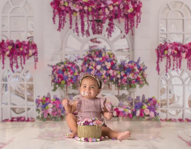 Виниловый фон для фотографирования новорожденных с цветами и дверью|Фон