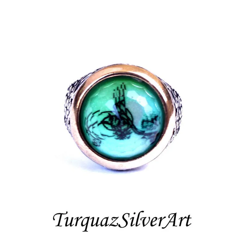 

Handmade Mans Tughra Series Zircon Water Green Gemstone Ring, Mans 925 Silver Ring for Men, Silver Handmade Ring, Zircon Silver