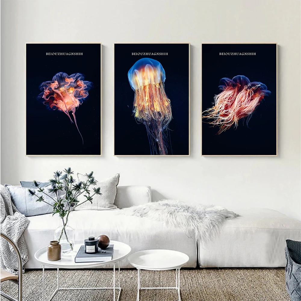 

Fluorescent Jellyfish Poster Mysterious Sea Creatures Canvas Painting Modern Art Print Nordic Wall Picture Living Bedroom Decor