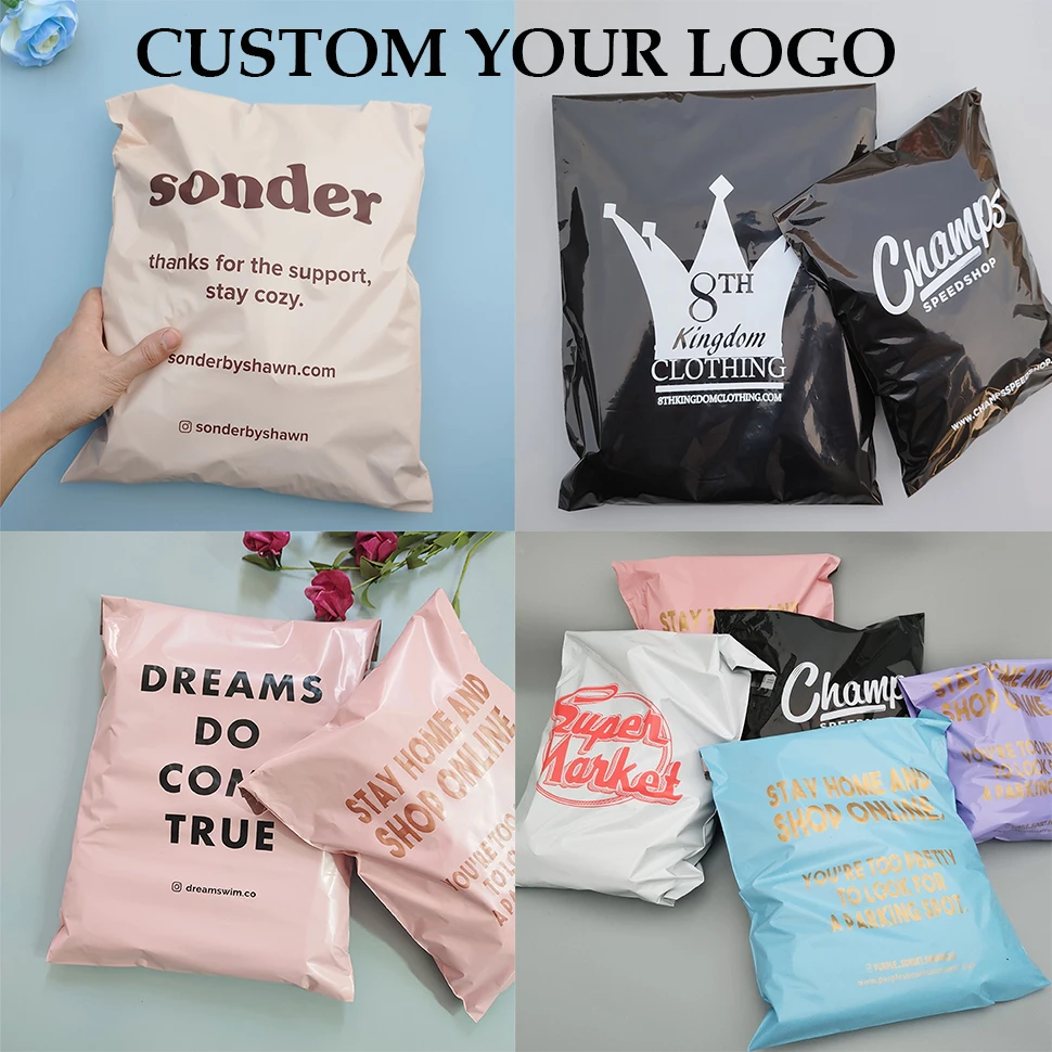 100pcs Poly Bags with logo printed Mailing Bags Poly Storage Bag Envelope Mailing Bags Self Adhesive Seal Plastic Pouch Bags