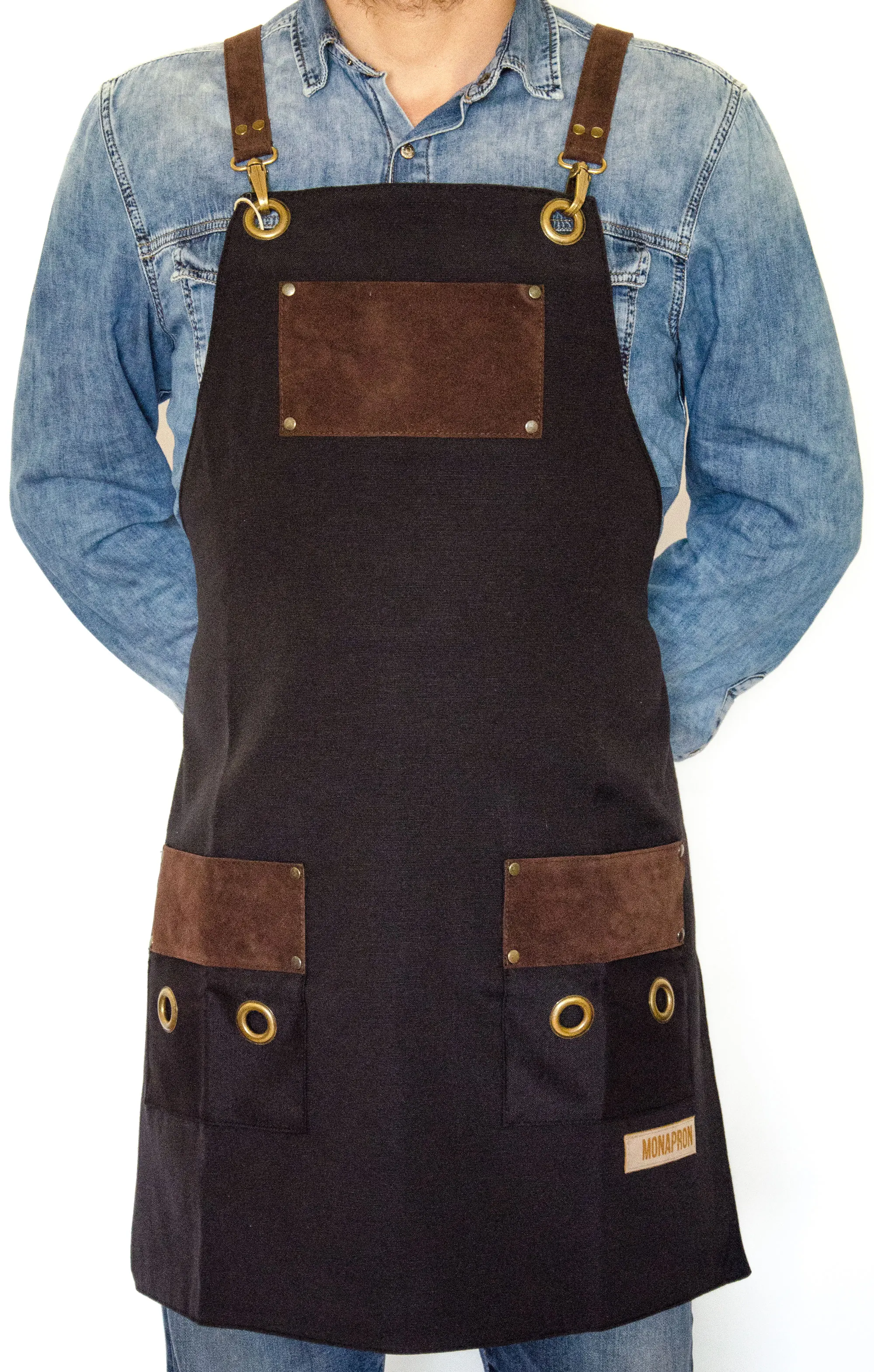 Men's Apron Bib Chef Kitchen Apron Barista Apron Bartender Coffee Restaurant Cooking Apron with Pockets
