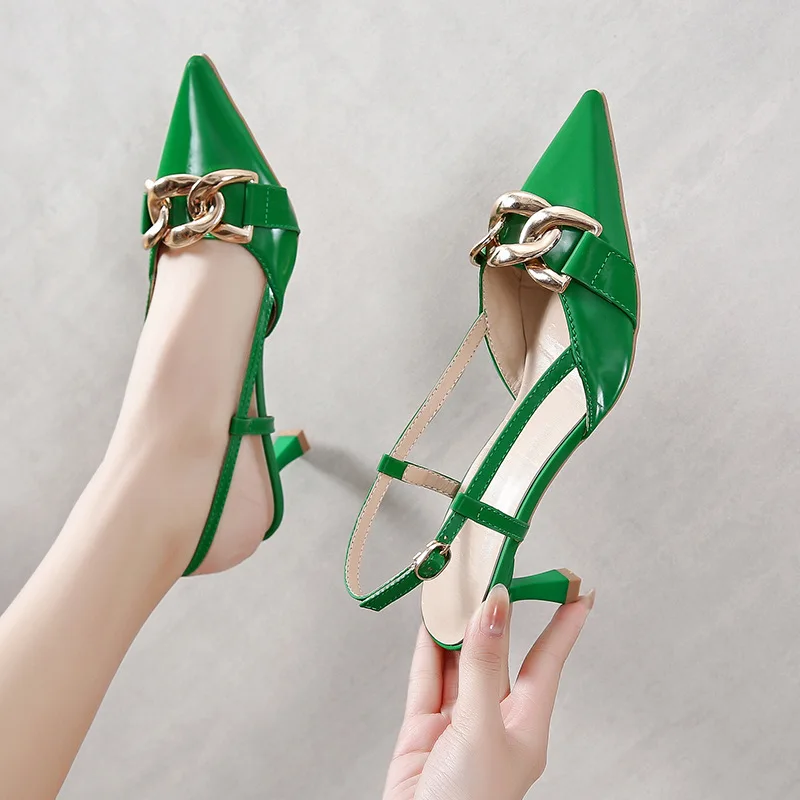 

2022 Office Lady Pointed Toe Concise Style Metal Decoration Buckle Strap Thin Heeled Sandals for Women