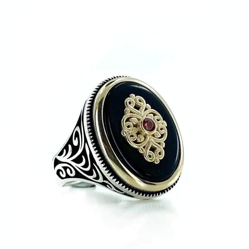 

Oval Onyx Elegant Simple Polite Top Quality Silver Men 'S Ring