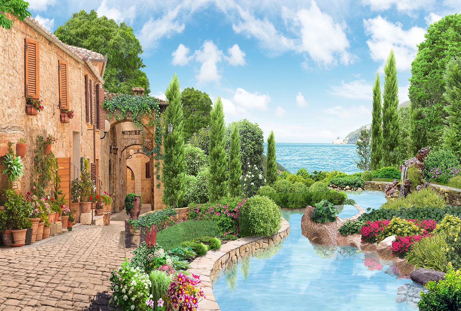 Фотообои Divino Decor категория Города и страны арт. P 099 Старинная улочка у пруда|Обои| |