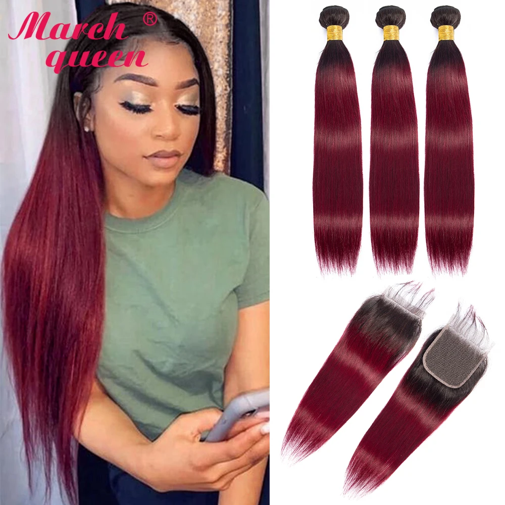 

MarchQueen Pre-Colored Brazilian Human Hair Bundles With Closure Red 1B/99J Burgundy Straight Remy Hair Bundle With Lace Closure