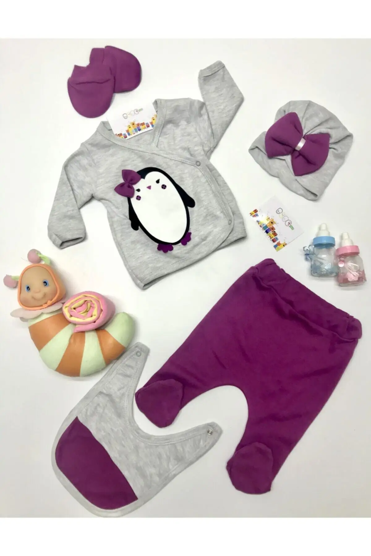 

Newborn Essentials Penguin Embroidery Baby Girl Clothing 5 Pcs Set Soft 100% Cotton Baby Gift Layette Hospital Outfit Baby Set