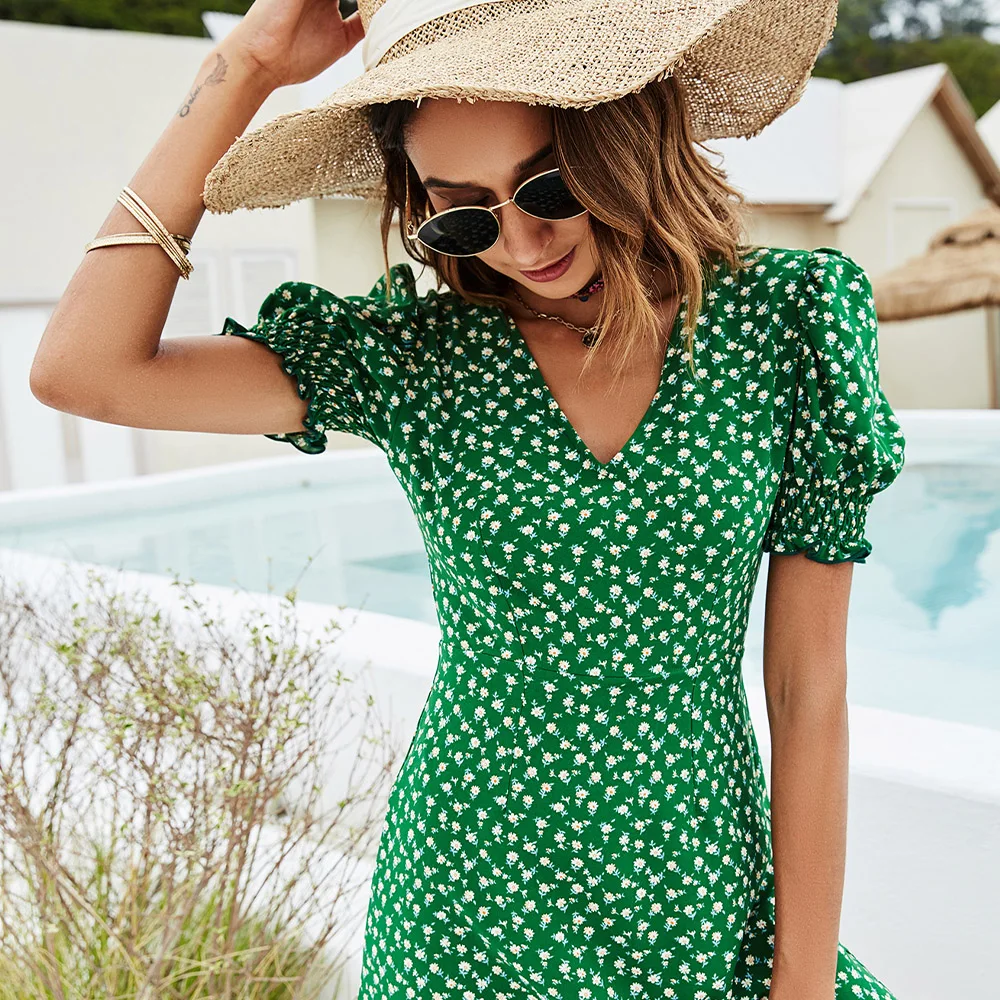 Женское летнее платье в стиле ретро с V-образным вырезом и цветочным принтом |