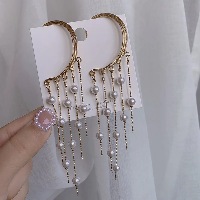 

2022 New Long Tassel Pearl Clip Non-Piercing Earrings for Women Geometric Imitation Pearl Earrings Ear Cuff Statement Jewelry