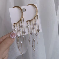 2022 new long tassel pearl clip non piercing earrings for women geometric imitation pearl earrings ear cuff statement jewelry