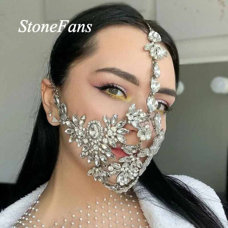 

Stonefans Halloween Crystal Bling Mask Hanemade Jewelry for Women Statment Rhinestone Flower Decorative Mask Party Jewellery