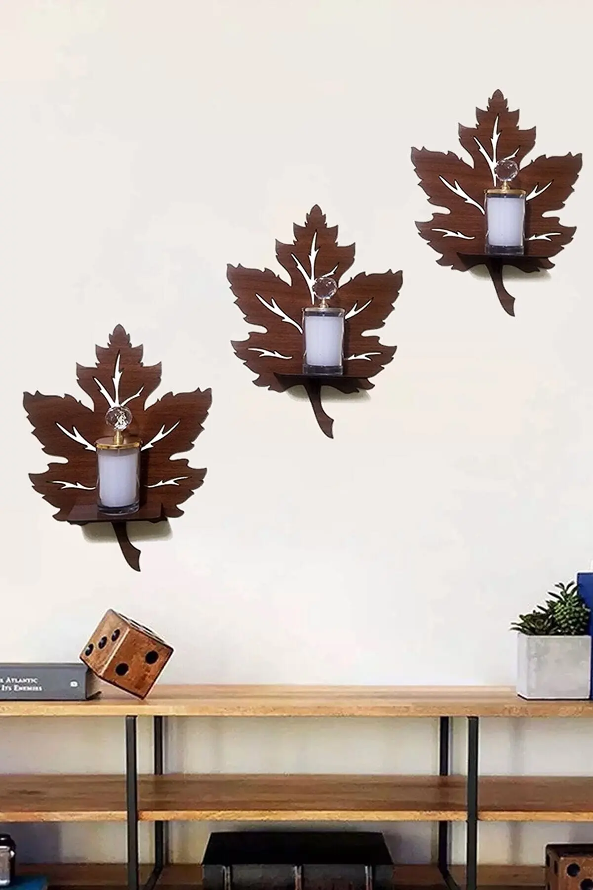 

Wooden Wall hanging Rack Leaf Candle Holder Wall Decor 3'lü