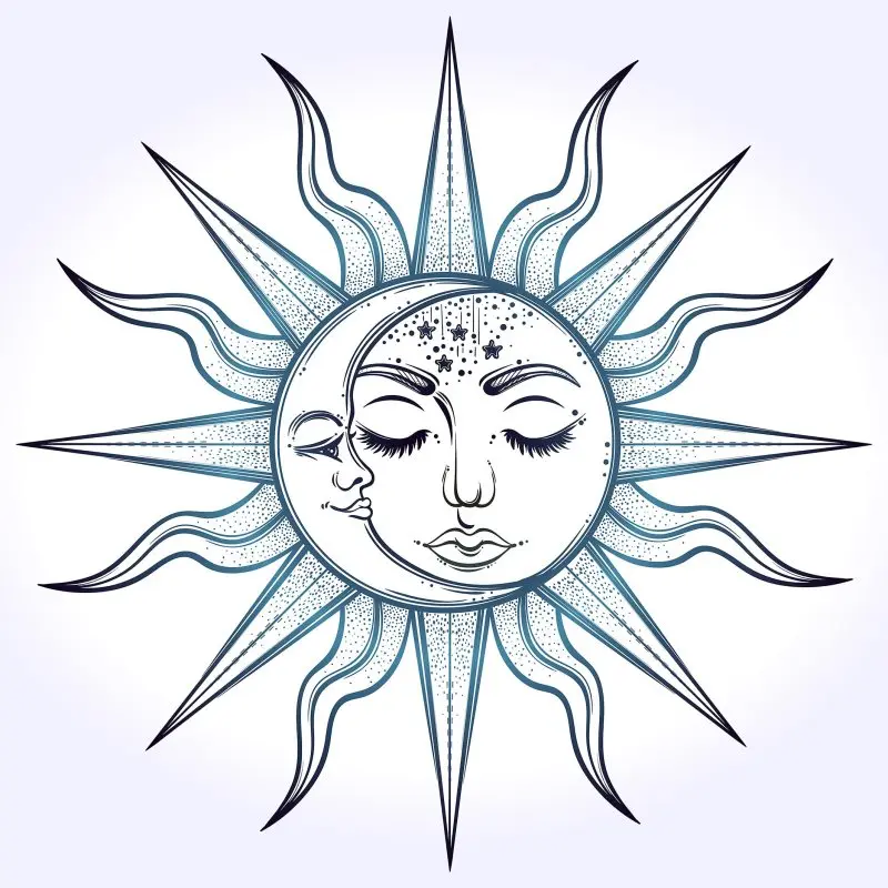 

Curtain Sun and Moon Face with Mystic Nature Astrology Bohemian Style Artwork Dark Blue White