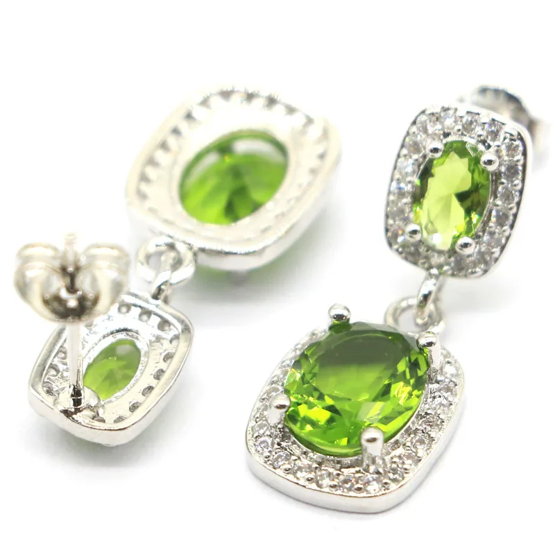 

26x10mm Pertty Created Green Peridot White CZ Gift For Sister Silver Earrings