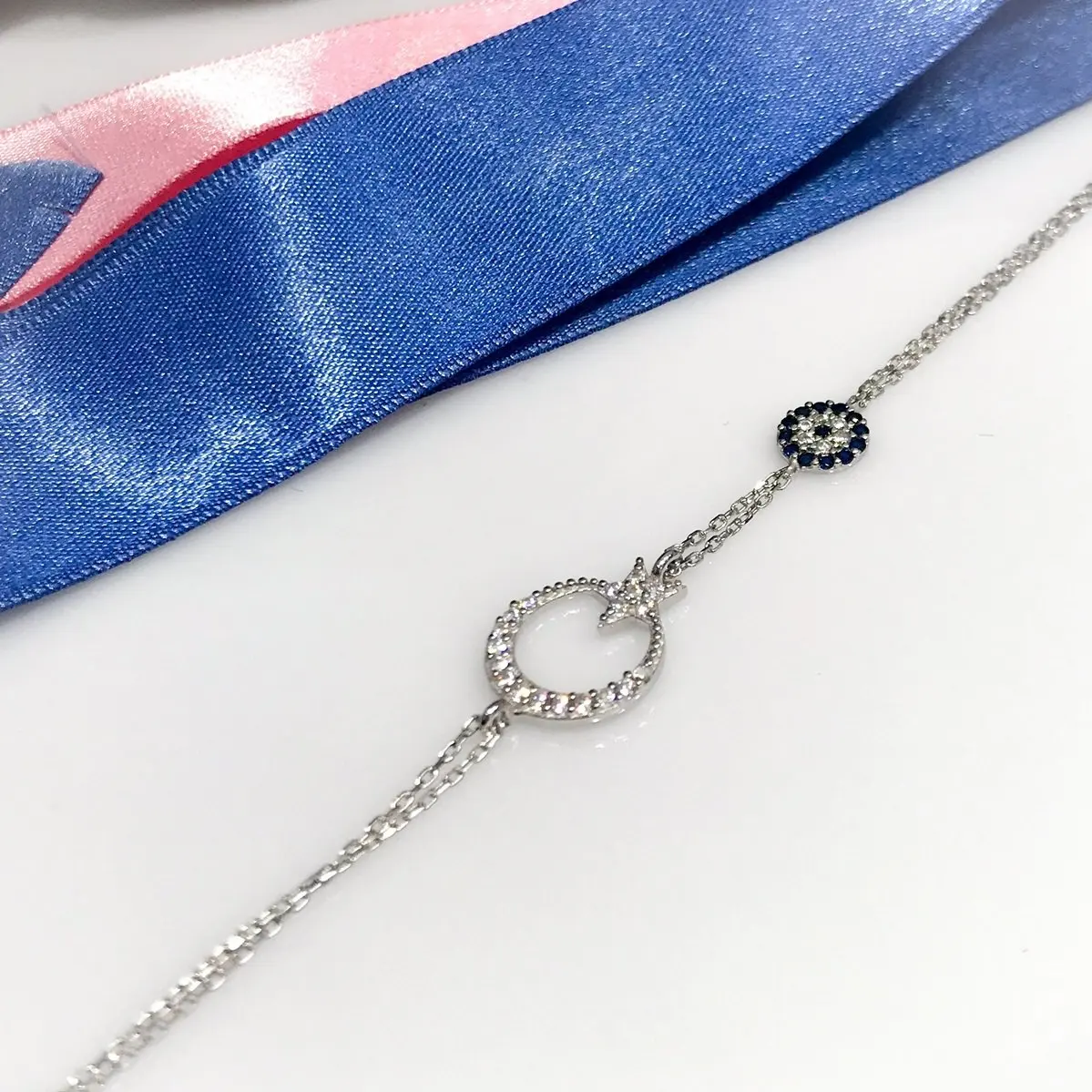 

Tiny the Moon the stars Silver Bracelet Evil Eye Beads