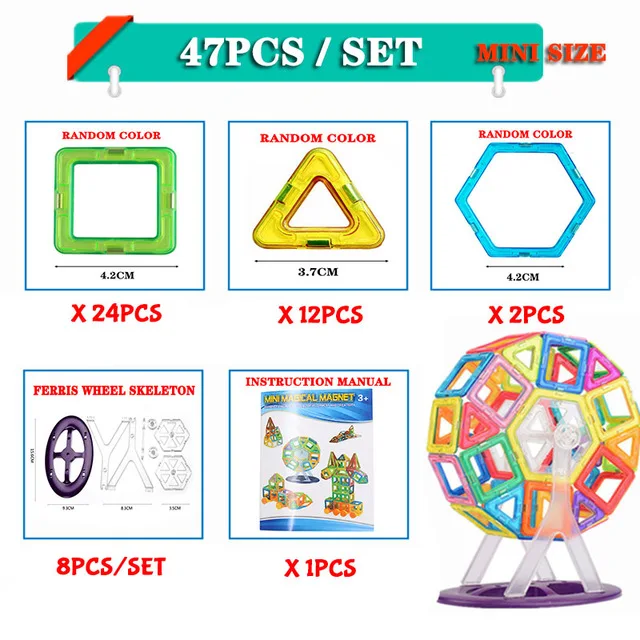 47pcs Магнитный конструктор, конструктор для мальчиков, игрушки для малышей, блоки, мини развивающие наборы, модели, строительные магниты ABS, детские рождественские подарки - Цвет: 47pcs