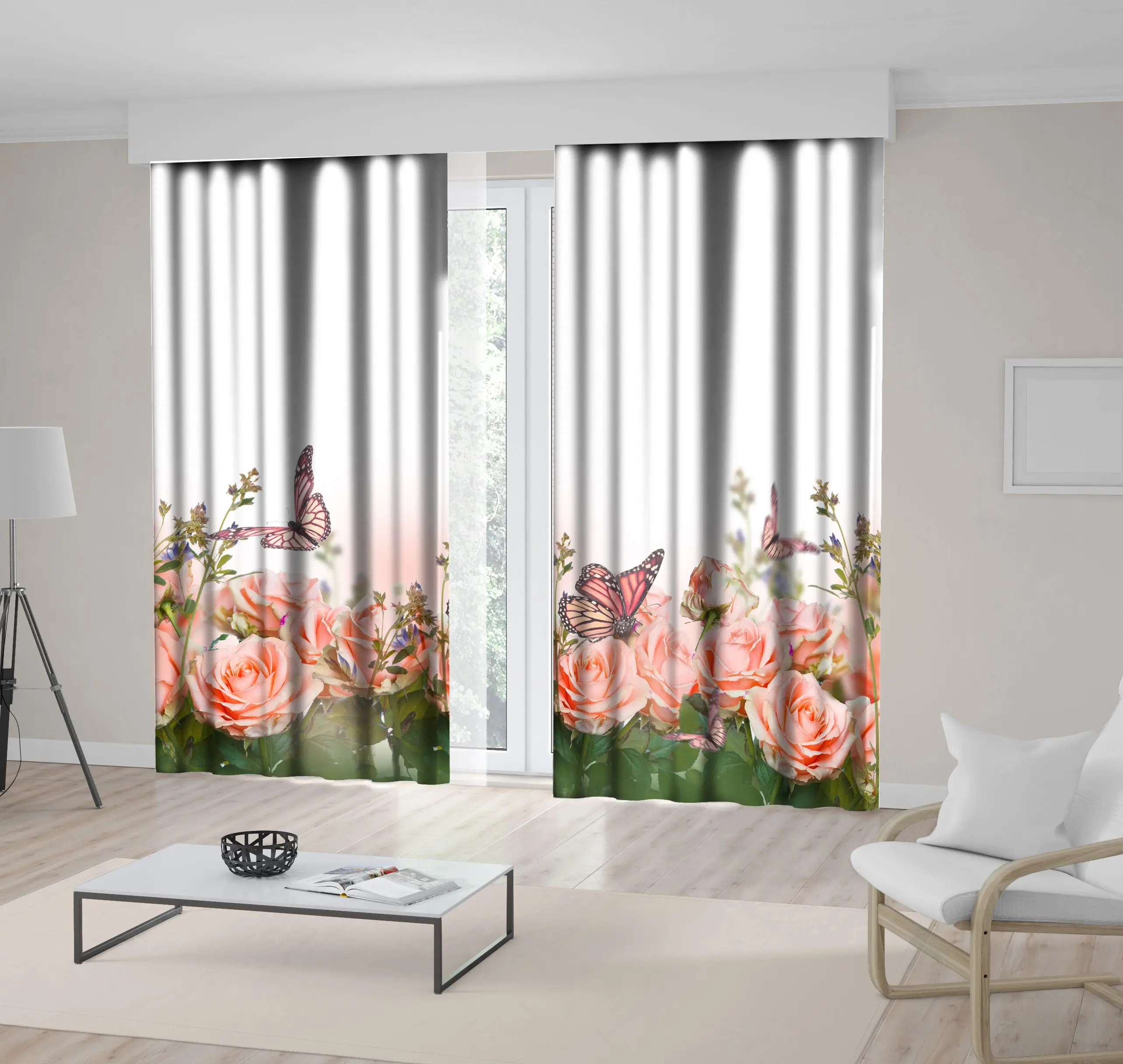 

Curtain Roses and Butterflies Romantic Summer Garden Vintage Style Decorative Photo Pink Green