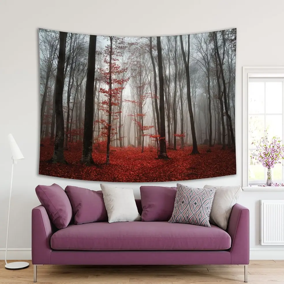 

Tapestry Mystic Forest Trees Red Leaves Foggy Morning View Autumn Nature Grey in Decorating Art
