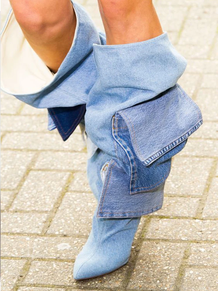 

Fashion Women Pocket Thigh High Boots Thin High Heels Cowboy Boots Lady Pointed Toe Night Club Shoes Women 2020 Autumn New