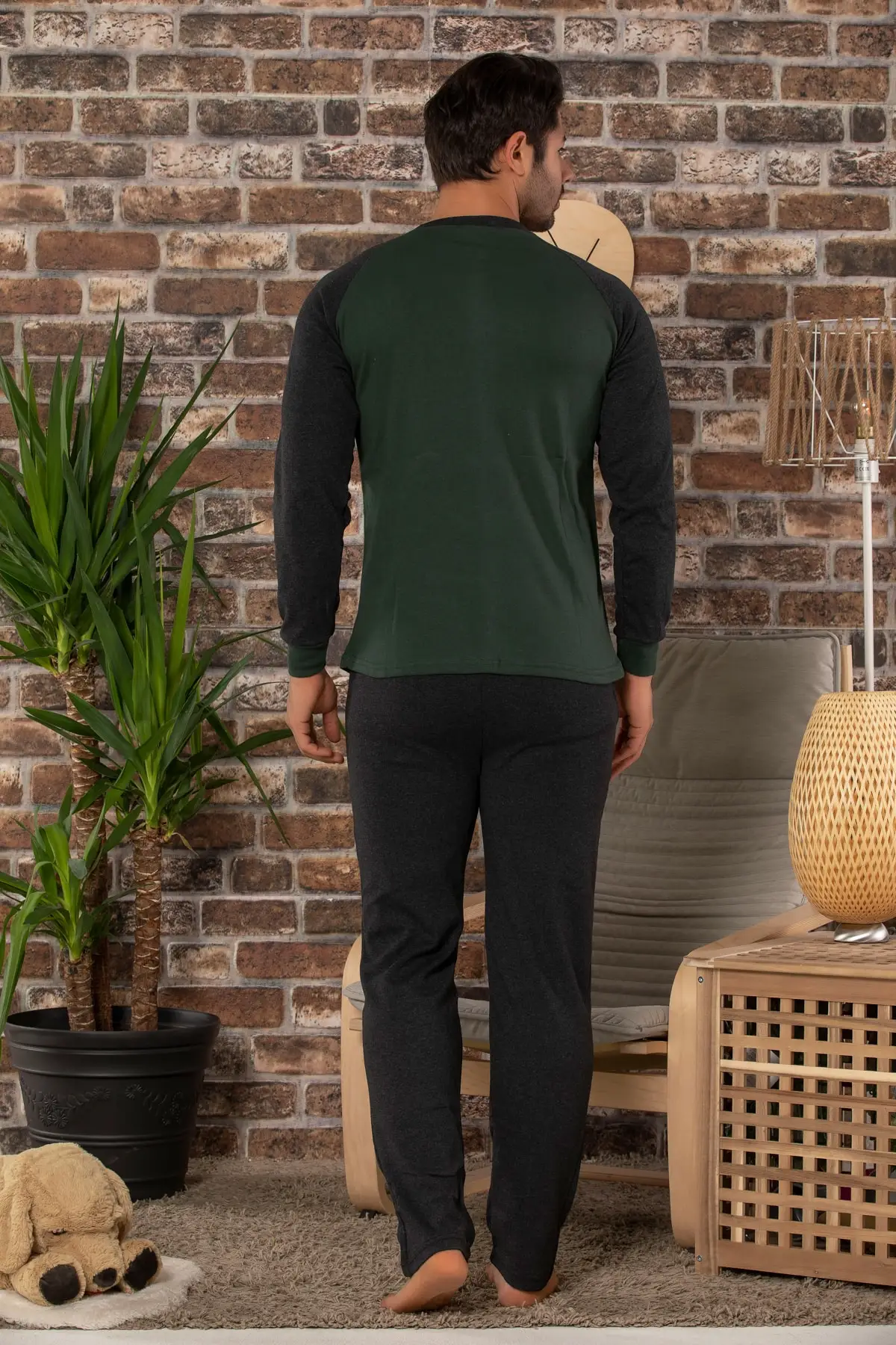 Клубничный Мужской зеленый хлопковый Пижамный костюм с длинными