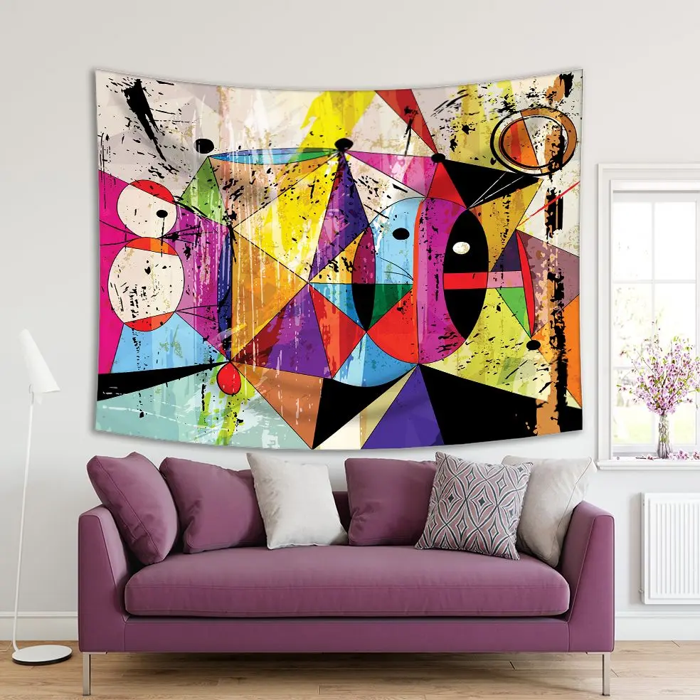 

Tapestry Abstract Art with Circles Triangles Stripes Paint Strokes Splashes Yellow Purple Fuchsia Black Print