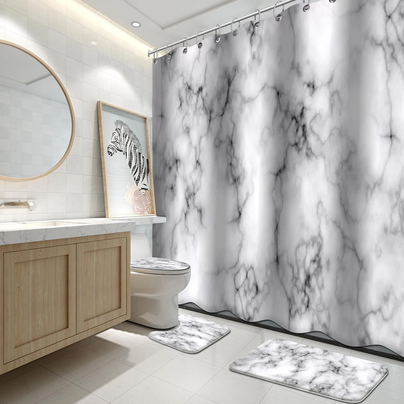 

Marble Bathroom Shower Curtain Set,Grey and White Fabric Shower Curtain with Hooks, Decorative Bathroom Accessories, Water Proof