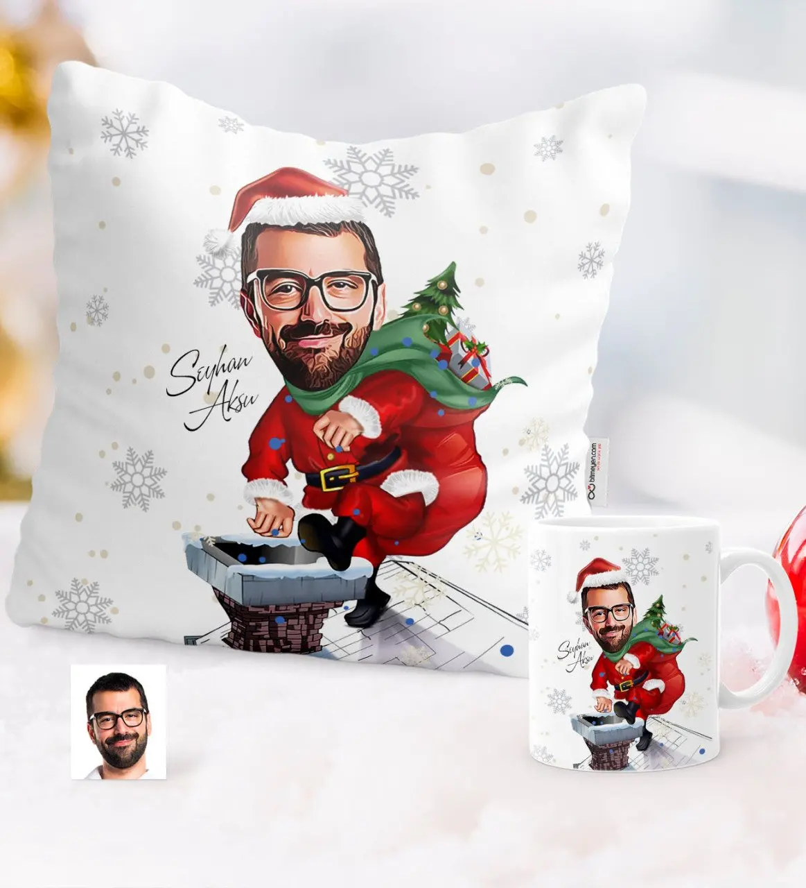 

Personalized Christmas Themed Bay Caricature Of Pillow Mug set-3