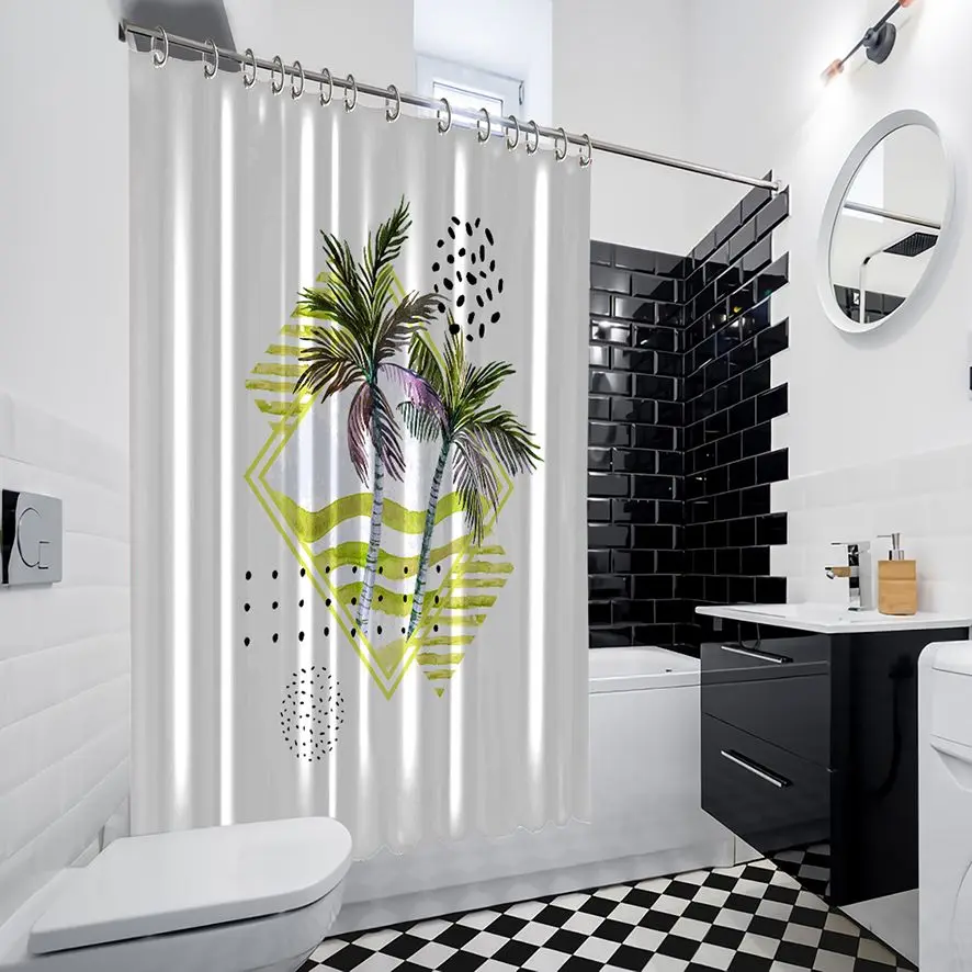 Занавеска для душа морские волны тропические пальмы листья чайки птицы и