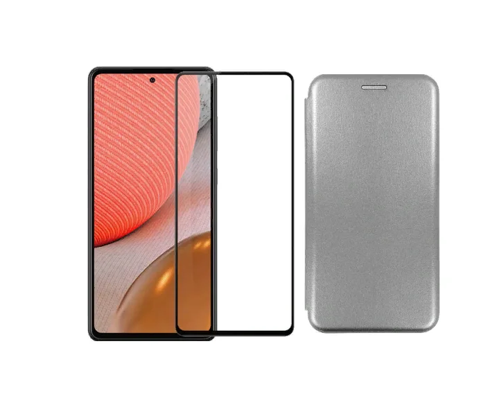 Выгодный комплект 2 в 1 для samsung A72 : чехол - книжка серый / серебряный + защитное