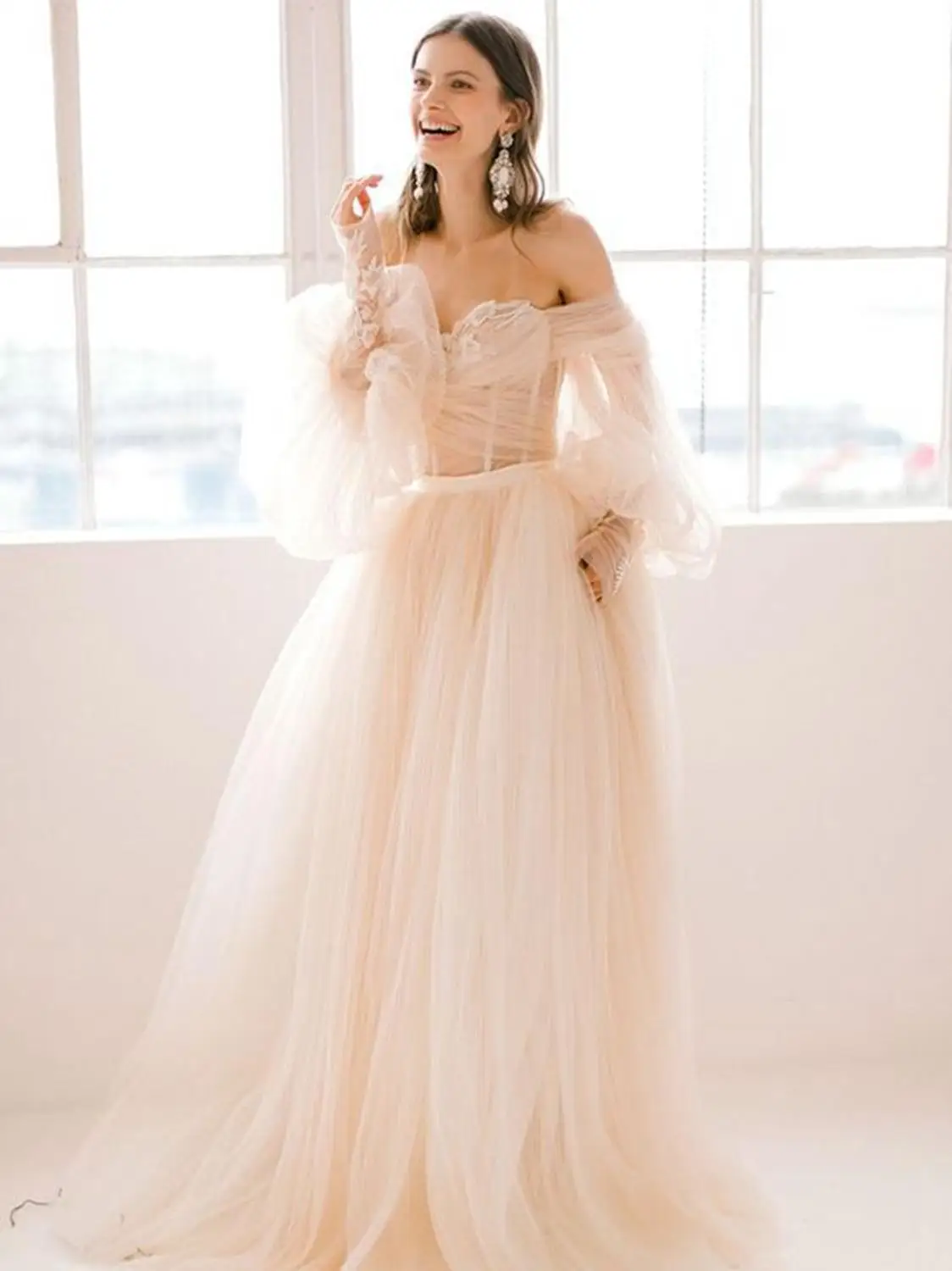 Милое Пышное элегантное Тюлевое свадебное платье с рукавами-фонариками бальное |