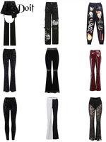 insdoit gothic black punk pants women streetwear grunge trousers vintage harajuku patchwork lace pants velvet high waist pants