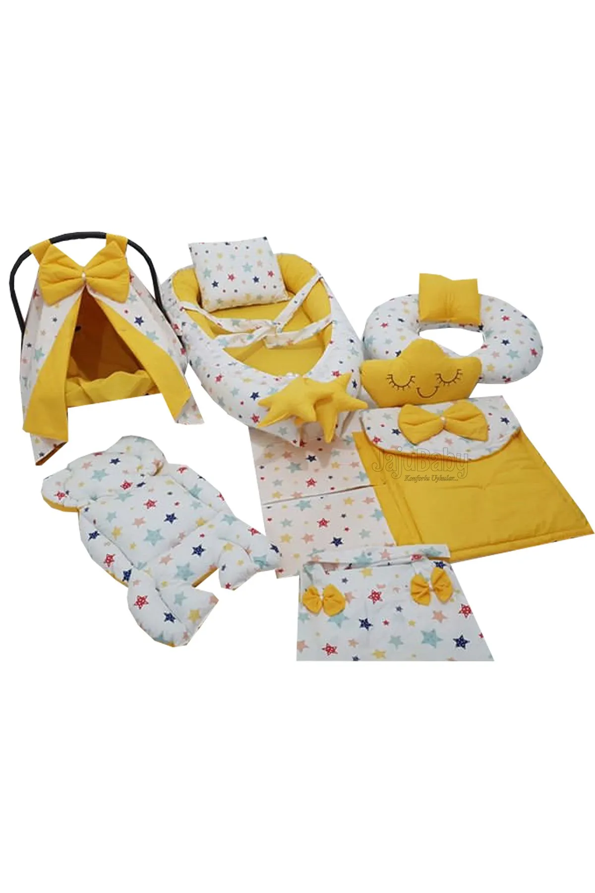 Jaju Baby Handmade, Colorful Star Yellow Design 9 Piece Full Babynest Set Breastfeeding Pillow Stroller Cover Portable Baby Bed