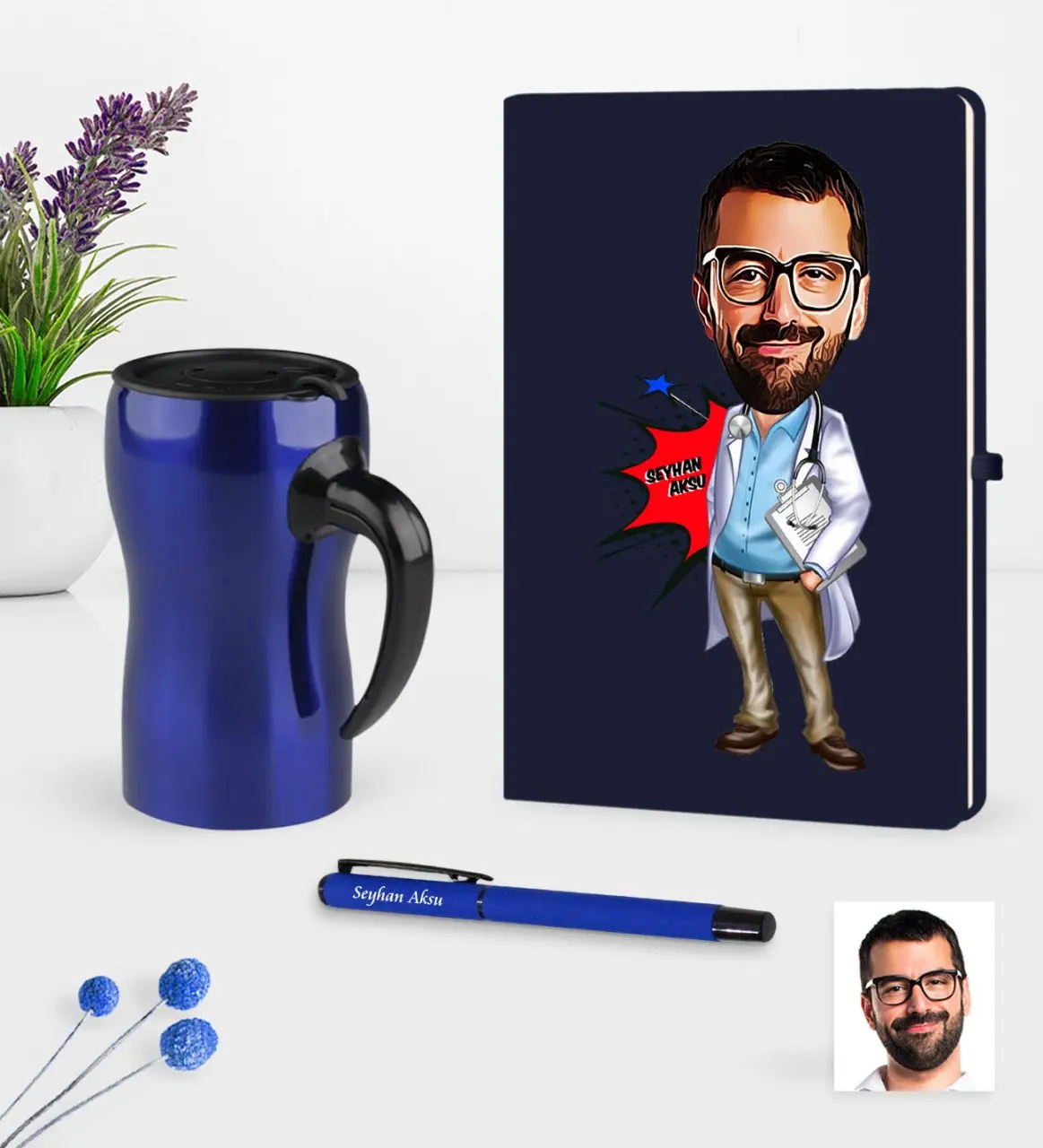 

Персонализированные Mr Doctor Caricature темно-синяя ручка для записной книжки термос кружка набор-3