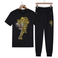 cinsy mens men set 2021 solid oversized causal outfits of summer wear leopard diamond print t shirt and pant for men