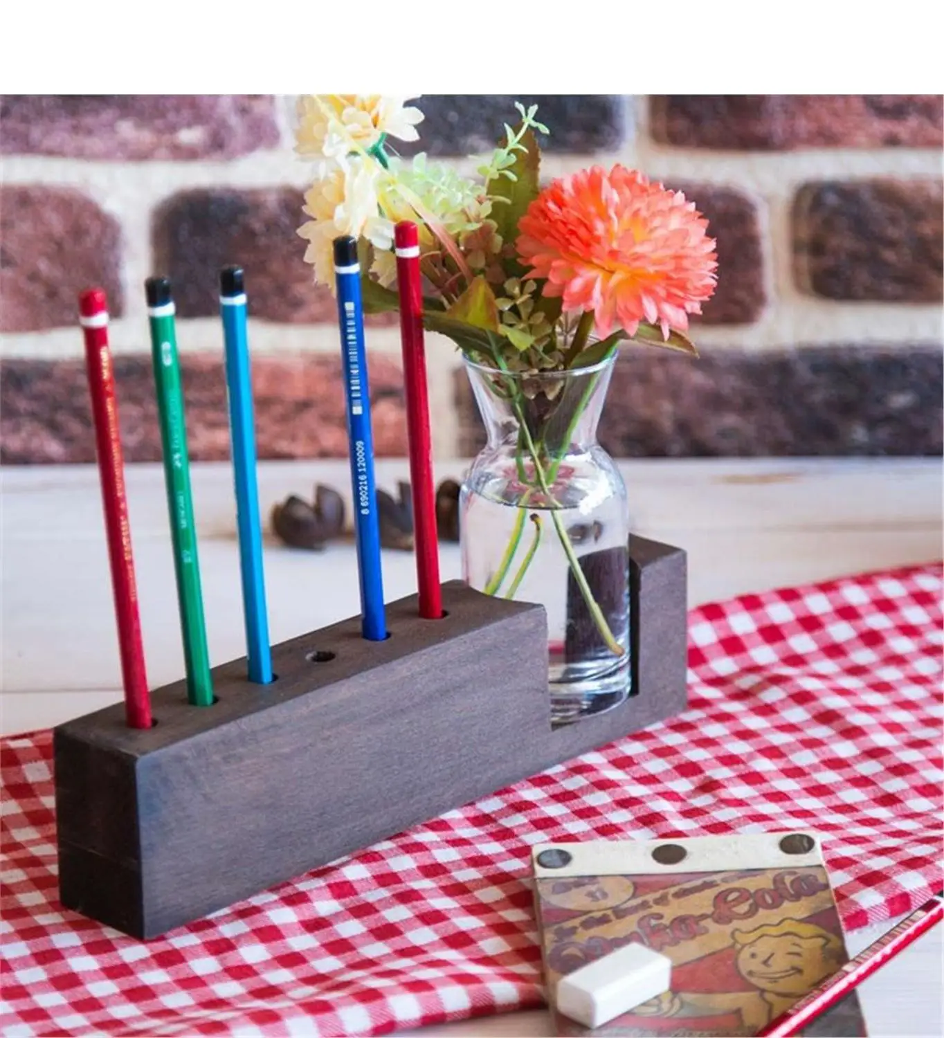 

Wooden Case Glass Vase With Pen Holder
